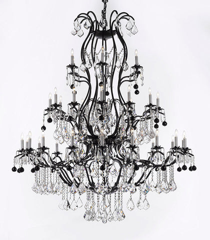Large Wrought Iron Chandelier Chandeliers Lighting With Jet Black Crystal Balls H60" x W52" - Great for the Entryway, Foyer, Family Room, Living Room - A500-B95/3031/36