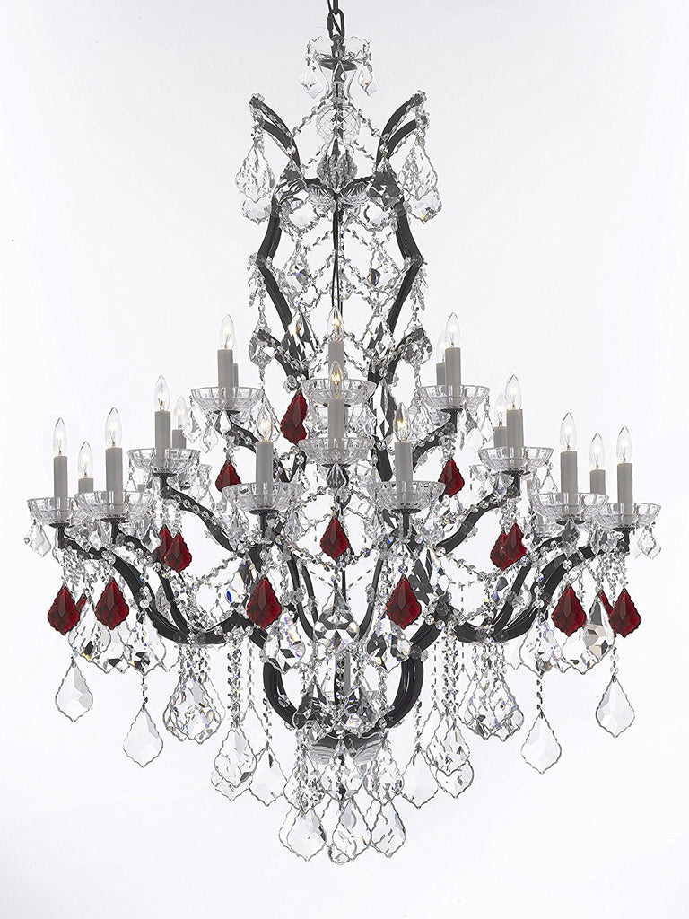 19th C. Baroque Iron & Crystal Chandelier Lighting Dressed w/Ruby Red Crystals H 52" x W 41" - Great for the Dining Room, Foyer, Entry Way, Living Room - A500-B98/996/25