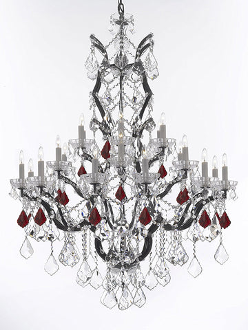 Swarovski Crystal Trimmed Chandelier 19th C. Baroque Iron & Crystal Chandelier Lighting Dressed with Ruby Red Crystals H 52" x W 41" - Great for the Dining Room, Foyer, Entry Way, Living Room - A500-B98/996/25SW
