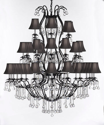 Large Wrought Iron Chandelier Chandeliers Lighting With Crystal Balls H60" x W52" - Great for the Entryway, Foyer, Family Room, Living Room w/Black Shades - A500-B6/BLACKSHADES/3031/36