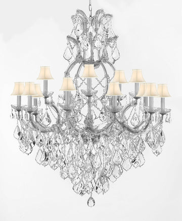 Swarovski Crystal Trimmed Maria Theresa Chandelier Lights Fixture Pendant Ceiling Lamp for Dining room, Entryway , Living room Dressed with Large, Luxe Crystals! H44" X W37" w/WhiteShades - A500-B90/CS/WHITESHADES/52/21510/15+1SW