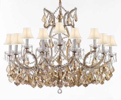Maria Theresa Chandelier Crystal Lighting H28" X W37" W/ Golden Teak Crystal Good For Dining Room Entryway Living Room W/White Shades - A500-B2/B62Goldenteak/Cg21510/15+1Whtshd