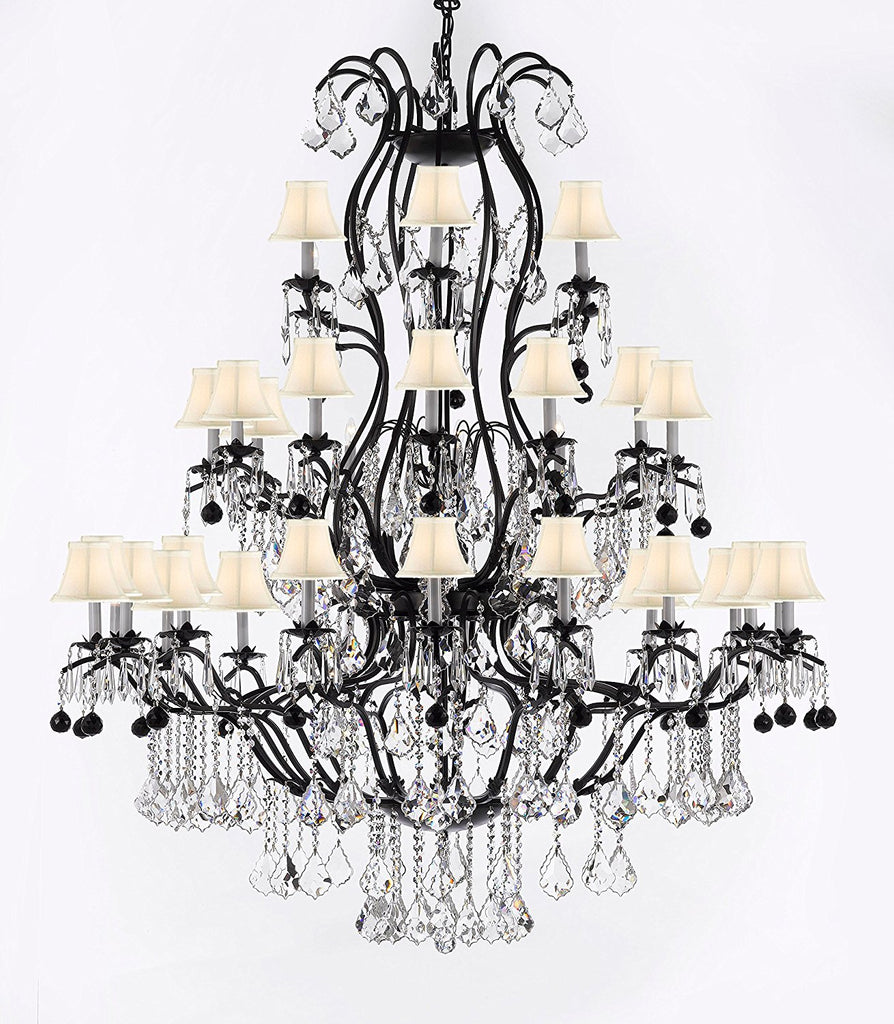Large Wrought Iron Chandelier Chandeliers Lighting With Jet Black Crystal Balls H60" x W52" - Great for the Entryway, Foyer, Family Room, Living Room w/White Shades - A500-B95/WHITESHADES/3031/36