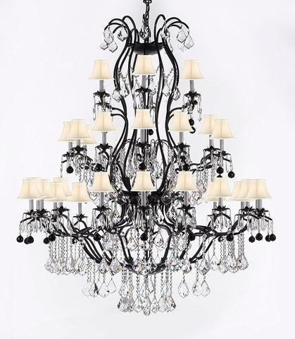 Large Wrought Iron Chandelier Chandeliers Lighting With Jet Black Crystal Balls H60" x W52" - Great for the Entryway, Foyer, Family Room, Living Room w/White Shades - A500-B95/WHITESHADES/3031/36