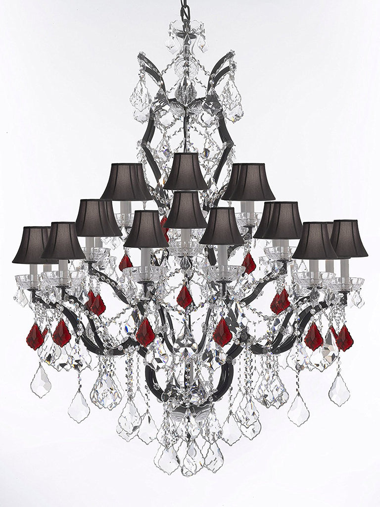 19th C. Baroque Iron & Crystal Chandelier Lighting Dressed with Ruby Red Crystals H 52" x W 41" - Great for the Dining Room, Foyer, Entry Way, Living Room w/Black Shades - A500-B98/BLACKSHADES/996/25