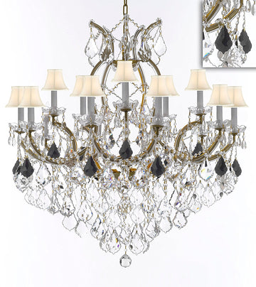 Maria Theresa Chandelier Crystal Lighting Chandeliers Lights Fixture Pendant Ceiling Lamp for Dining room, Entryway , Living room H38" X W37" - Dressed with Jet Black Crystals and White Shades - A500-B97/WHITESHADES/21510/15+1