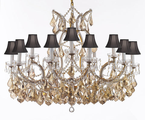 Maria Theresa Chandelier Crystal Lighting H28" X W37" W/ Golden Teak Crystal Good For Dining Room Entryway Living Room W/Black Shades - A500-B2/B62Goldenteak/Cg21510/15+1Blkshd