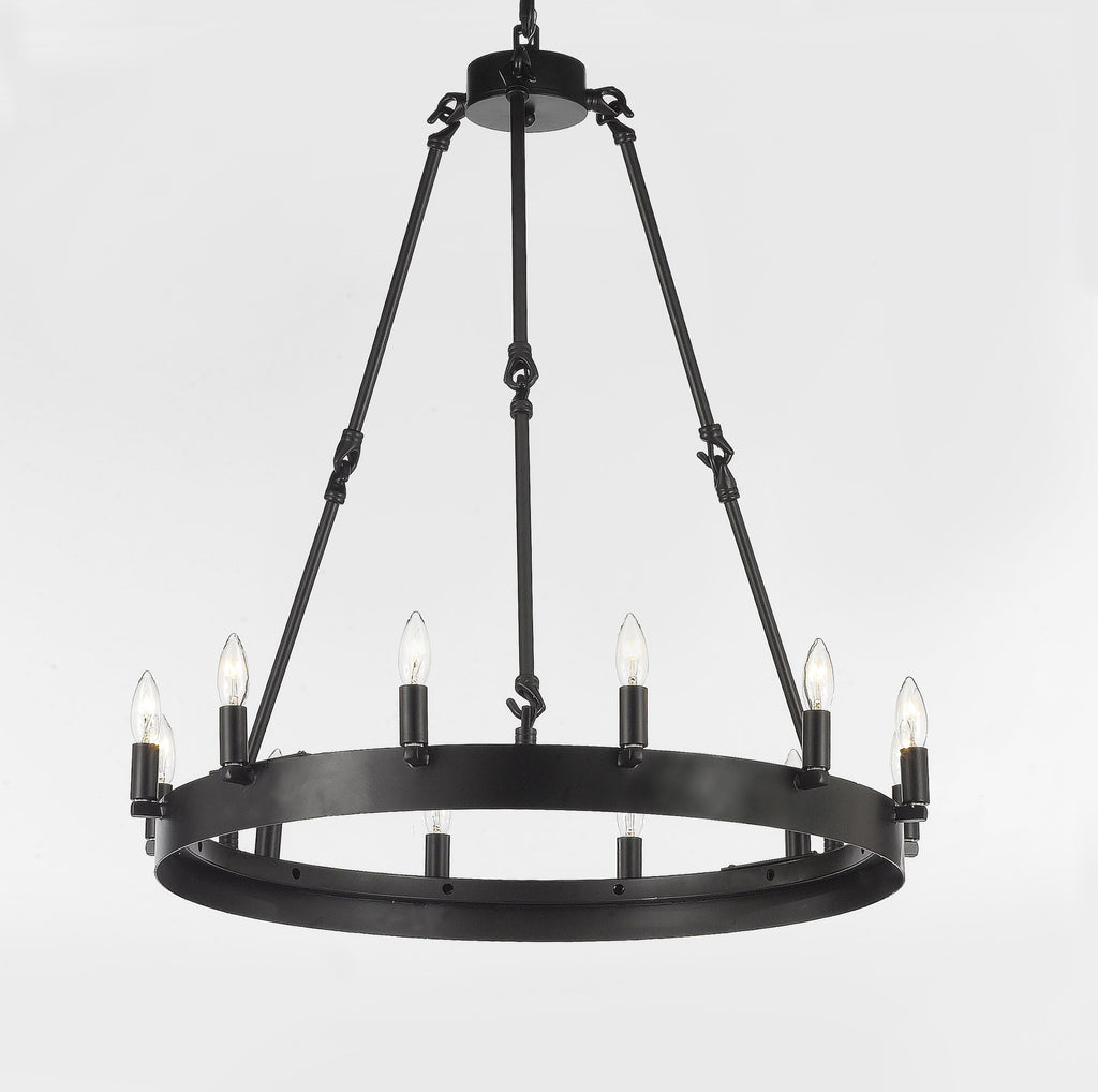 Inspired Camino Style Chandelier – One Tier Wagon Wheel, Wrought Iron Vintage Barn Metal Rustic Industrial Lighting, W26" x H27"
