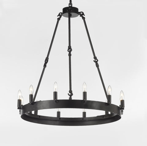 Inspired Camino Style Chandelier – One Tier Wagon Wheel, Wrought Iron Vintage Barn Metal Rustic Industrial Lighting, W26" x H27"