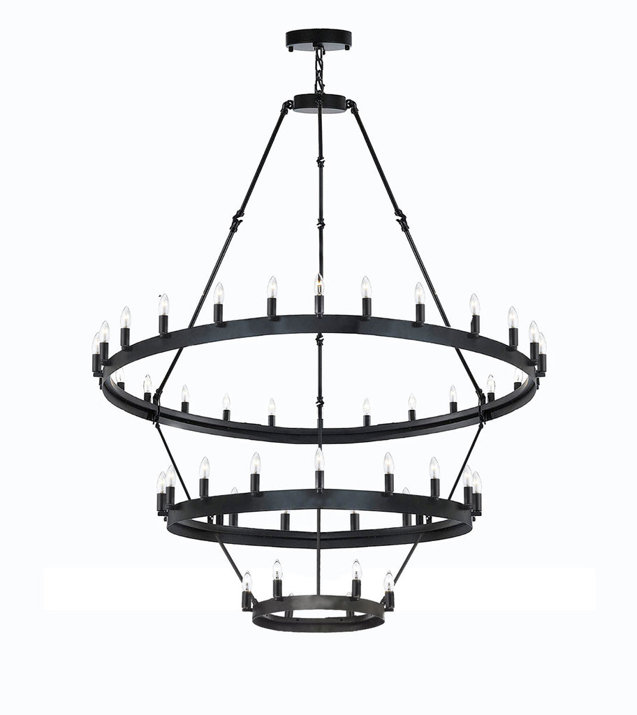 Inspired Camino Style Chandelier – Three Tier Wagon Wheel, Wrought Iron Vintage Barn Metal Rustic Industrial Lighting, W38" x H65"
