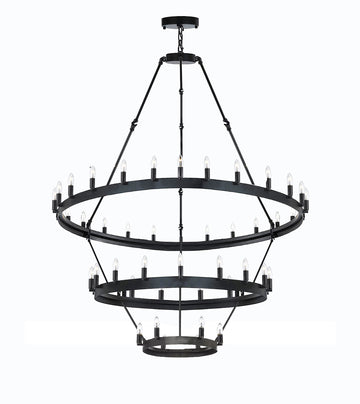 Inspired Camino Style Chandelier - Three Tier Wagon Wheel, Wrought Iron Rustic Industrial Lighting W38" x H65"