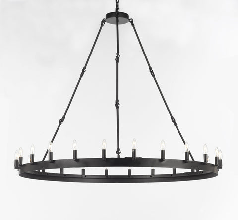 Inspired Camino Style Chandelier – One Tier Wagon Wheel, Wrought Iron Vintage Barn Metal Rustic Industrial Lighting, W50" x H48"