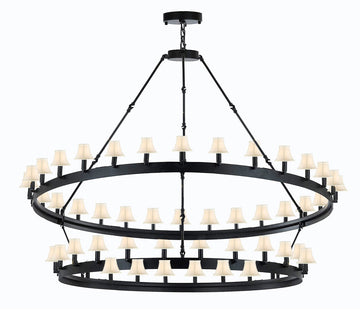 Inspired Camino Style Chandelier - Wrought Iron Vintage Barn Metal Castile Chandelier Industrial Loft Rustic Lighting W 63" H 60" w/White Shades Great for The Living Room, Dining Room, Foyer and Entryway, Family Room, and More - G7-WHITESHADES/3428/54