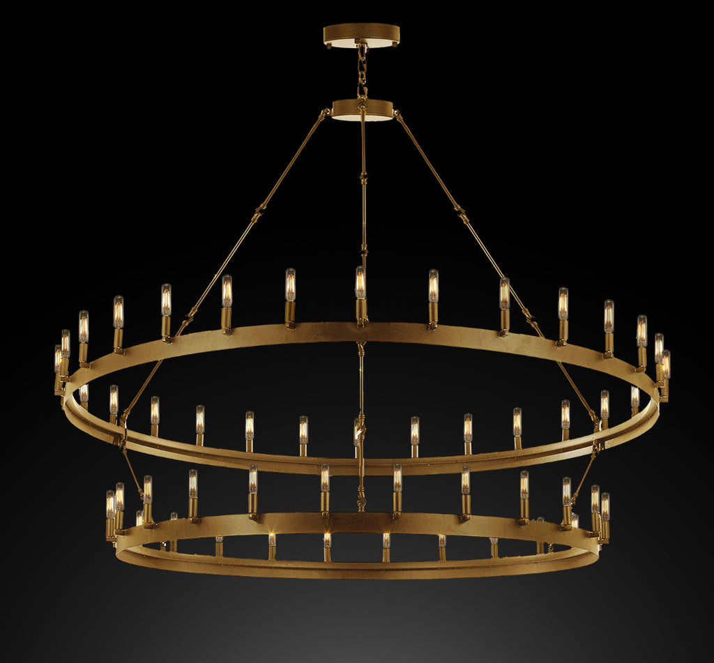 Set of 2 - Castile Two Tier Wrought Iron Brushed Brass Chandelier - Industrial Loft Rustic Lighting W 63" H 60"