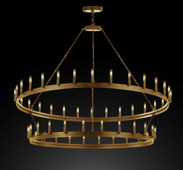 Inspired Camino Style Chandelier - Two Tier Wagon Wheel, Wrought Iron Rustic Industrial Lighting W63" x H60"