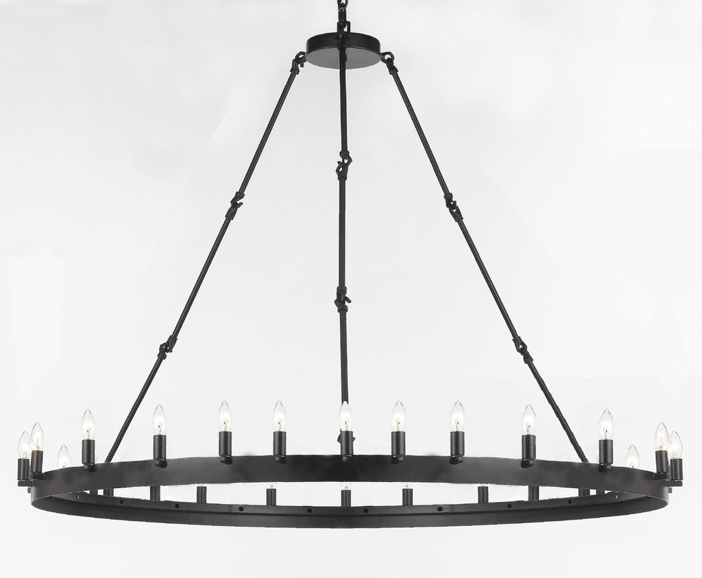 Inspired Camino Style Chandelier – One Tier Wagon Wheel, Wrought Iron Vintage Barn Metal Rustic Industrial Lighting, W63" x H49"