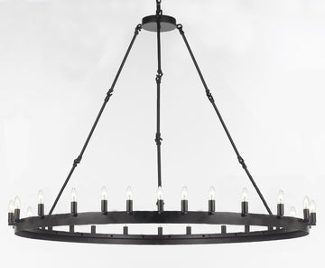 Inspired Camino Style Chandelier - One Tier Wagon Wheel, Wrought Iron Rustic Industrial Lighting W63" x H49"