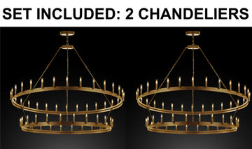 Set of 2 - Castile Two Tier Wrought Iron Brushed Brass Chandelier - Industrial Loft Rustic Lighting W 63" H 60"