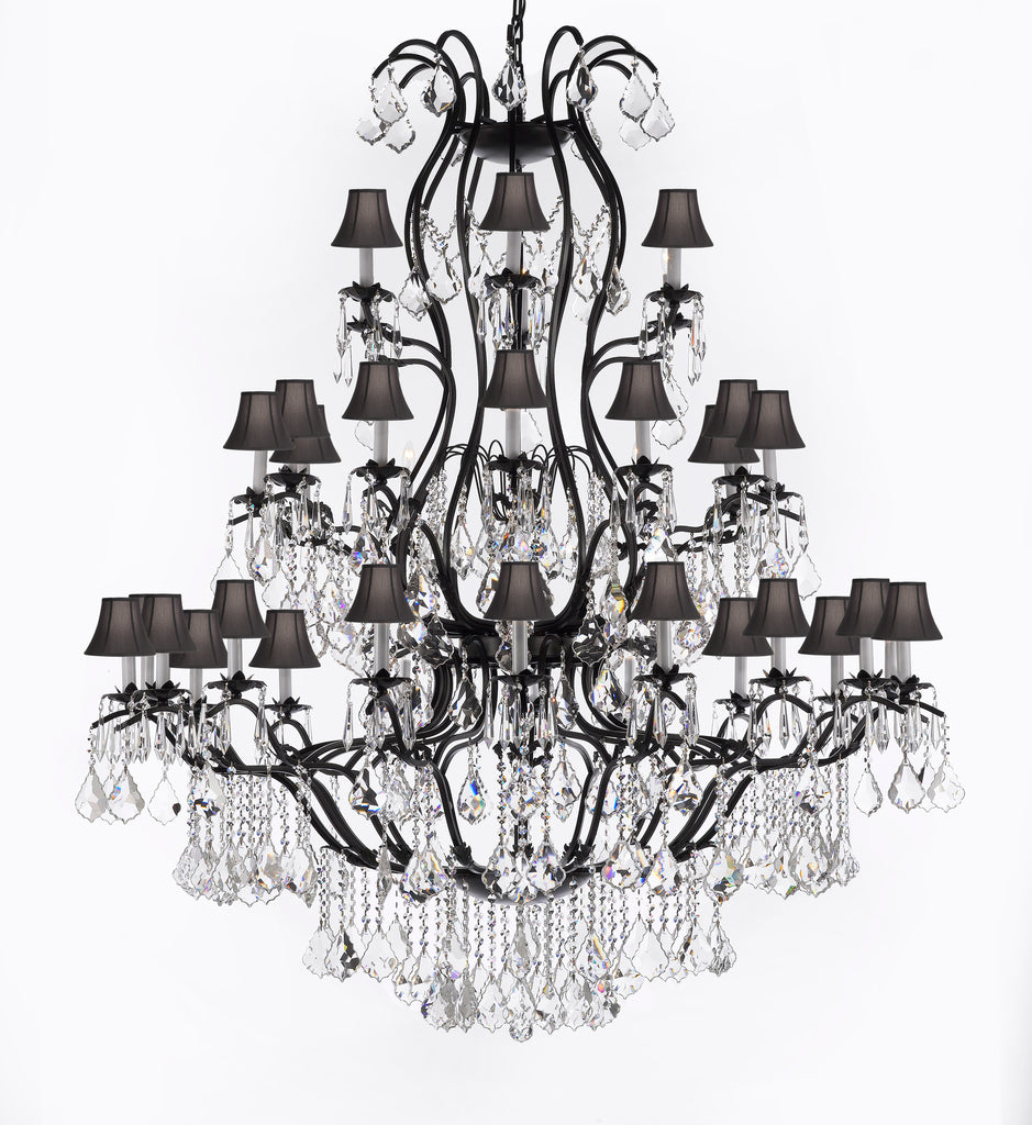 Swarovski Crystal Trimmed Chandelier Large Foyer / Entryway Wrought Iron Chandelier Lighting With Crystal And Black Shade H60" X W52" - A500-Sc/Blackshade/3031/36Sw