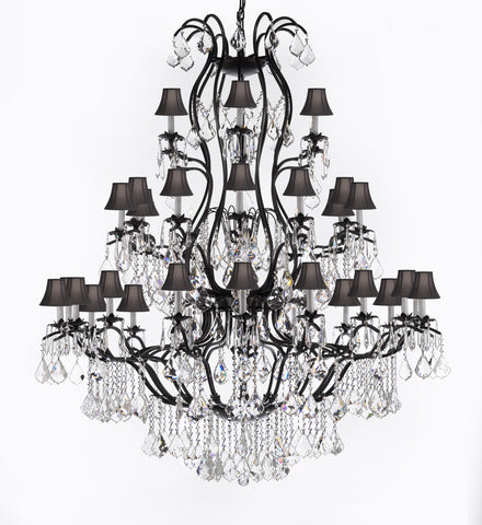 Swarovski Crystal Trimmed Chandelier Large Foyer / Entryway Wrought Iron Chandelier Lighting With Crystal And Black Shade H60" X W52" - A500-Sc/Blackshade/3031/36Sw